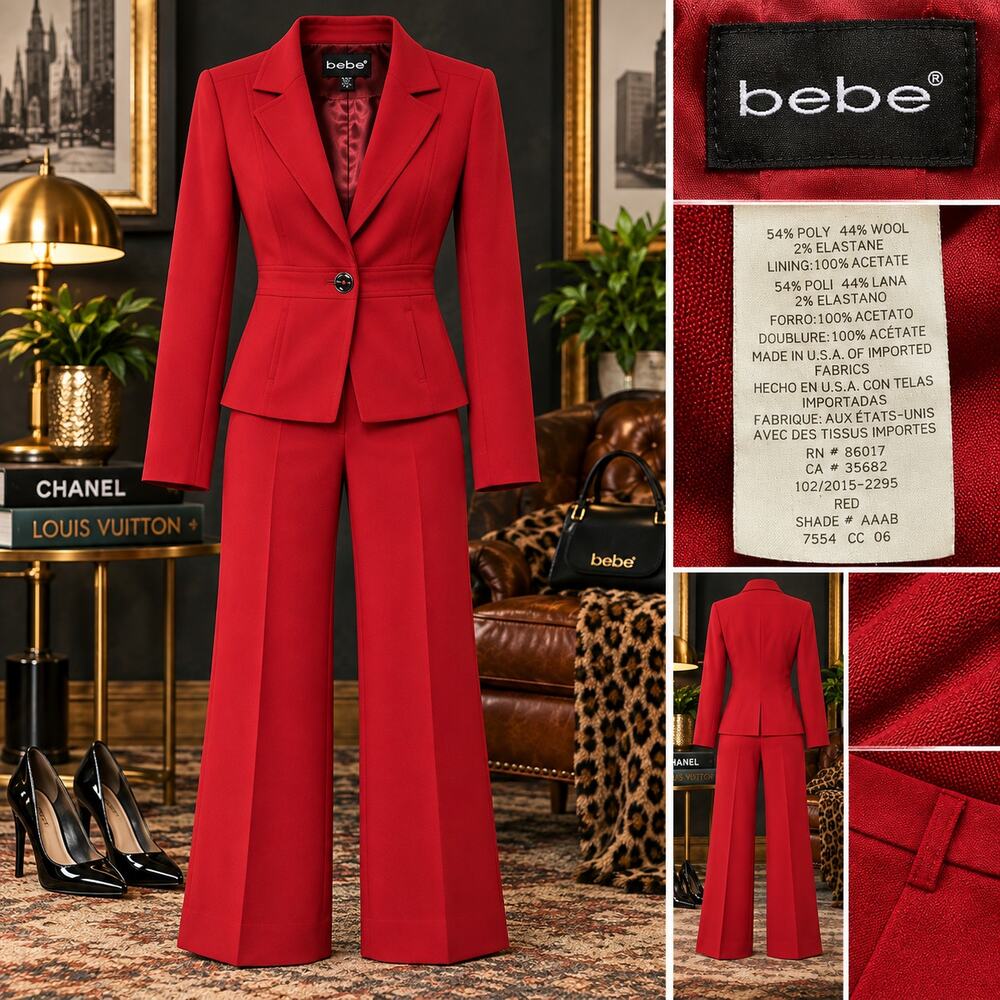 bebe Y2K Pantsuit Womens Red Wool Blend Blazer Wide Leg Pants 2 Piece Vintage